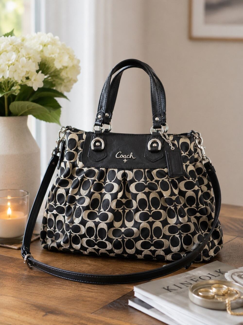 Coach Ashley Signature Canvas Handbag in Black and Gray.